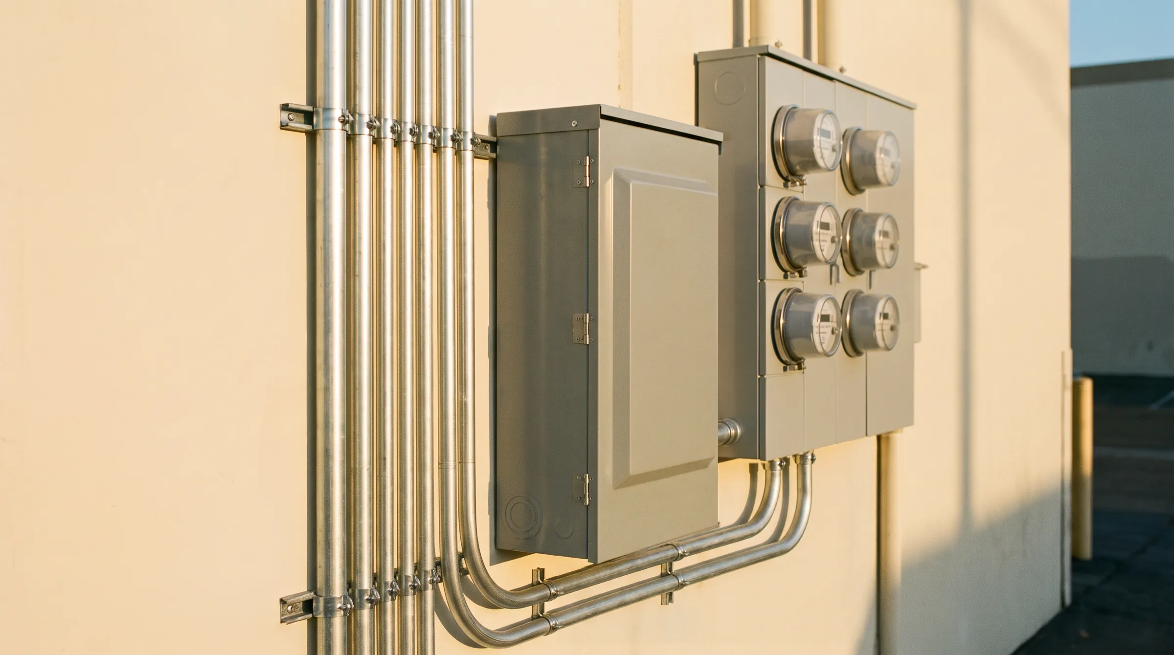 New electrical conduit and a new disconnect mounted beside a building's existing meters