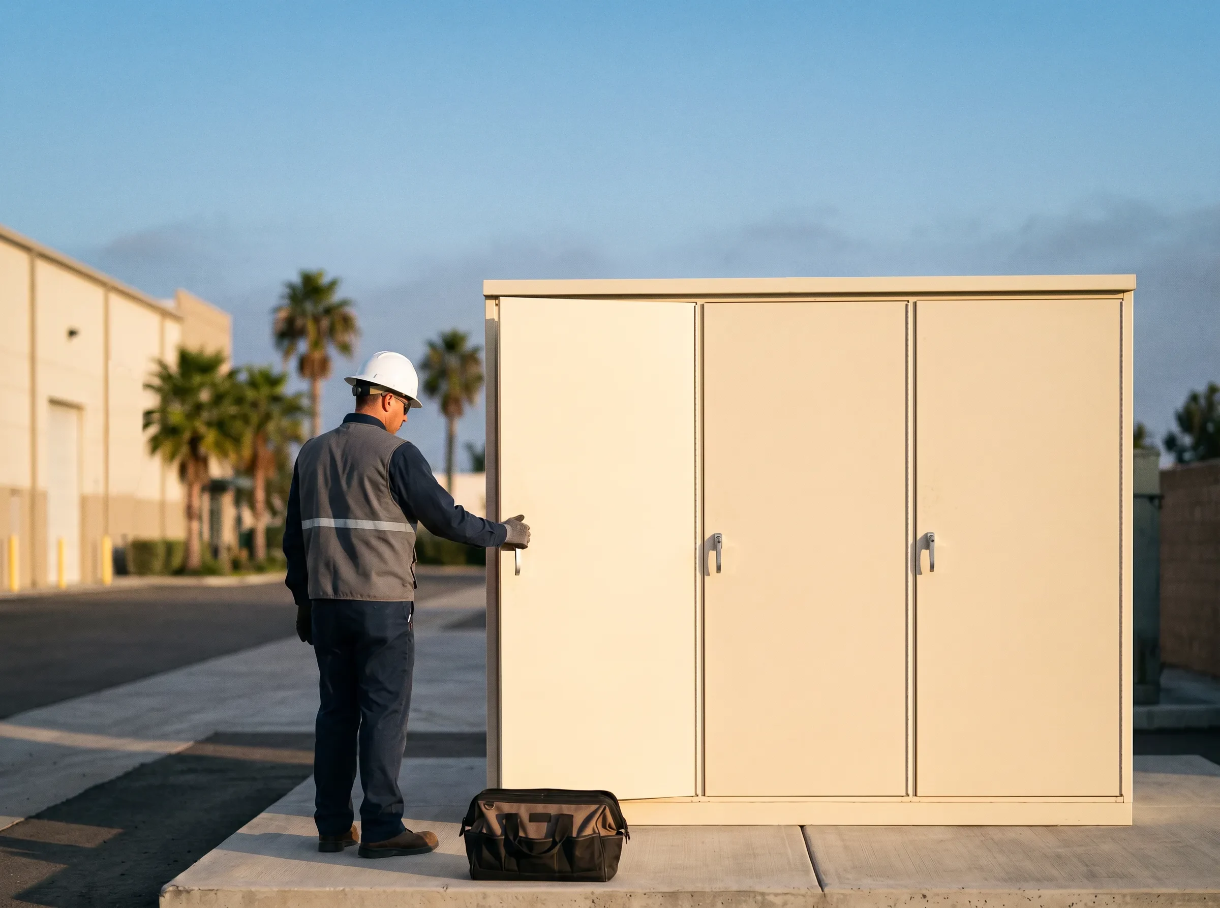 An electrician at a new equipment cabinet beside a warehouse