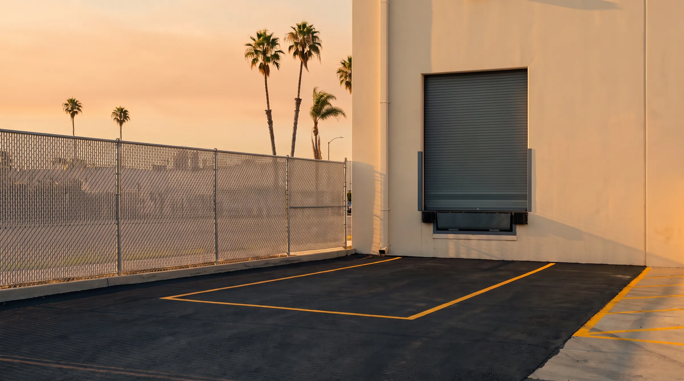 The empty corner of a warehouse back lot, with a marked-out bay beside a loading dock door