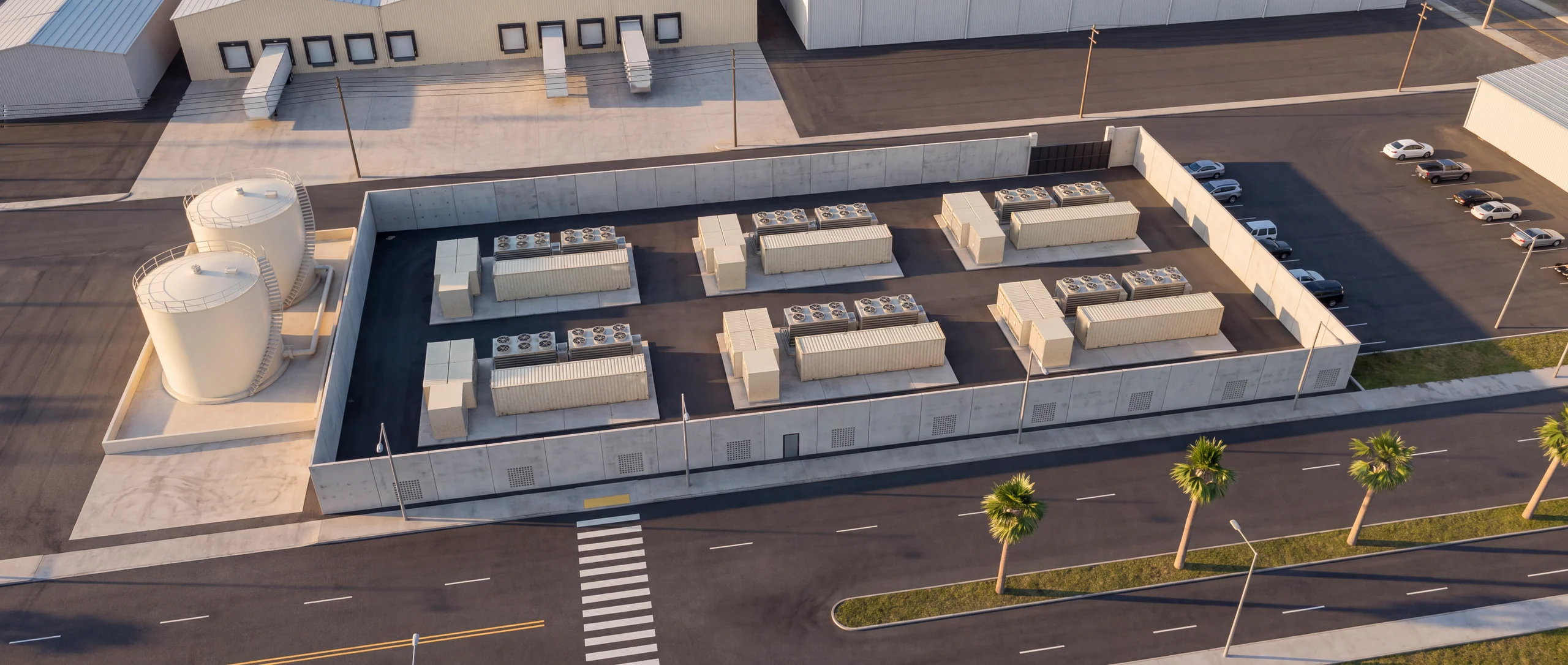 Aerial rendering of a walled site with six compute units, between warehouses and a street